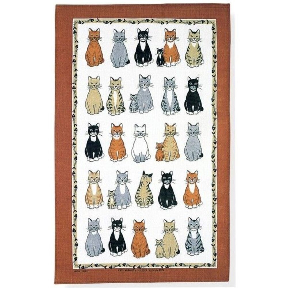 New Ulster Weavers Cats Galore Linen Tea Towel Set w/Fish Bone Decorative Border